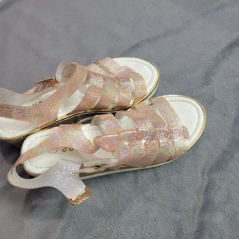 Justice Girls Size 1 Glittery Pink Wedge Sandals With Buckle Strap & Textured So